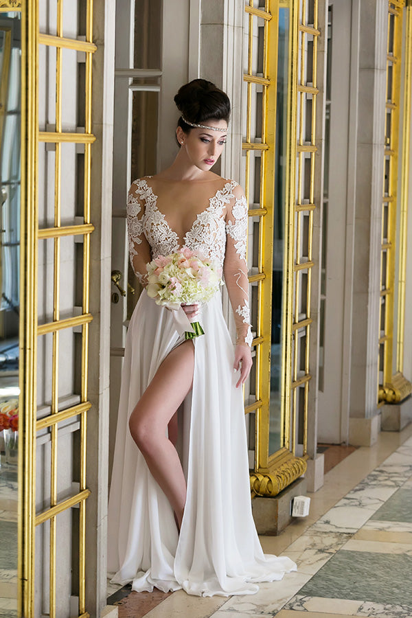 Romantic Long Sleeves Lace Appliques Slit Chiffon Wedding Dress-BallBride