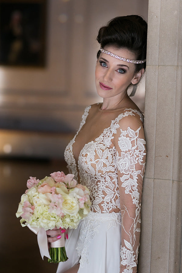 Romantic Long Sleeves Lace Appliques Slit Chiffon Wedding Dress-BallBride