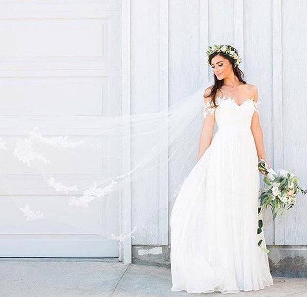 Romantic Off-the-Shoulder Chiffon Wedding Dress With Appliques-BallBride