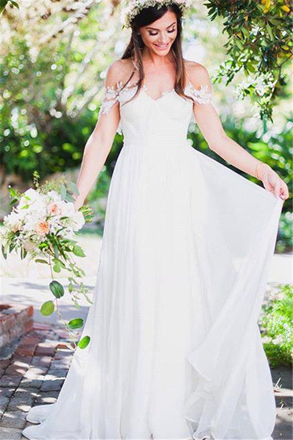 Romantic Off-the-Shoulder Chiffon Wedding Dress With Appliques-BallBride
