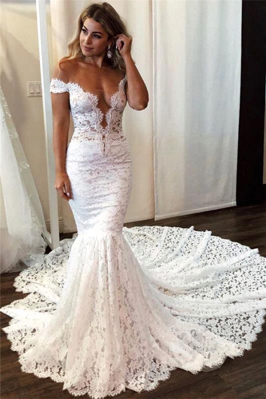 Romantic Off-the-Shoulder Mermaid Wedding Dress With Appliques Lace-BallBride