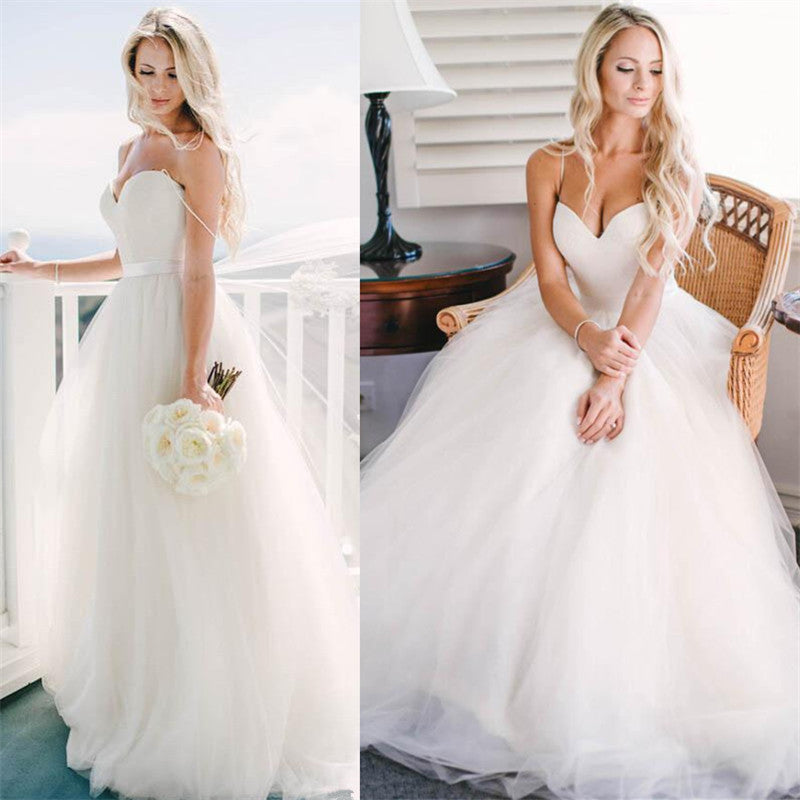 Romantic Spaghetti-Straps Tulle Long Wedding Dress-BallBride