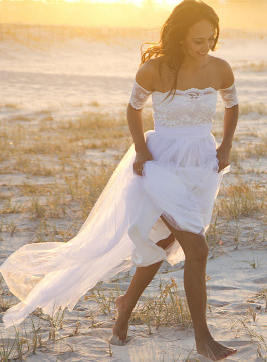 Romantic Summer Beach Wedding Dress with Tulle and Lace Bridal Gown-BallBride