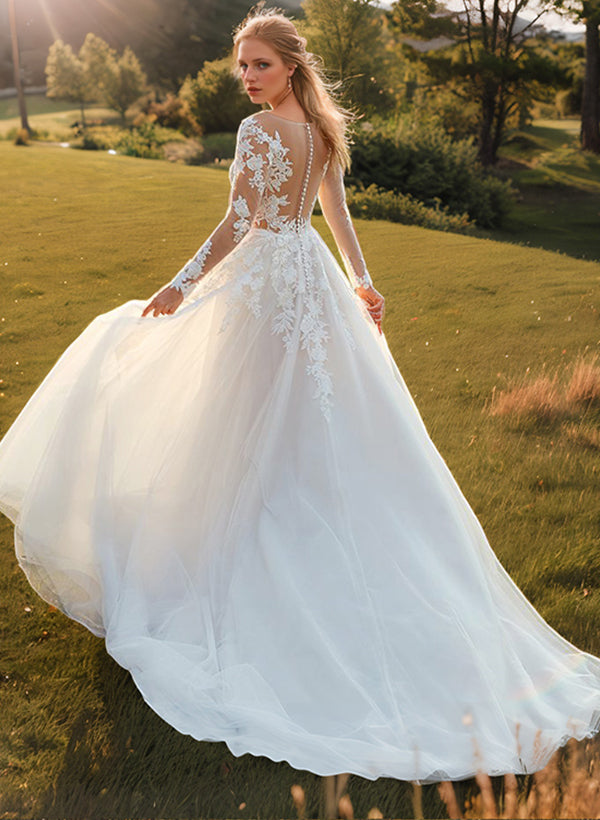 Romantic Tulle Long Sleeves Ball-Gown Lace Wedding Dresses-Ballbride