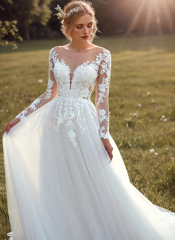 Romantic Tulle Long Sleeves Ball-Gown Lace Wedding Dresses-Ballbride