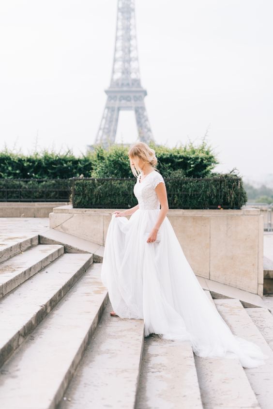 Romantic White V-Neck A-line Lace Chiffon Wedding Dress-BallBride