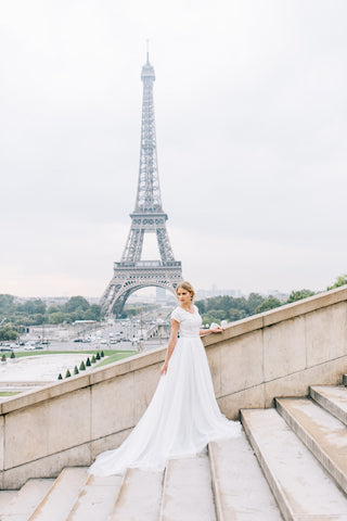 Romantic White V-Neck A-line Lace Chiffon Wedding Dress-BallBride