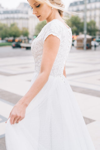 Romantic White V-Neck A-line Lace Chiffon Wedding Dress-BallBride