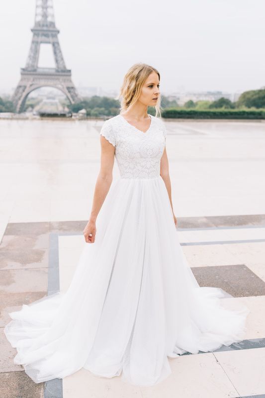 Romantic White V-Neck A-line Lace Chiffon Wedding Dress-BallBride