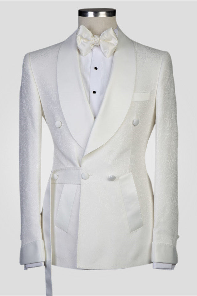Roy White Jacquard Shawl Lapel Double Breasted Men Suits for Wedding Prom-BallBride