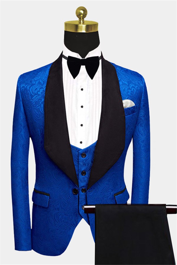 Royal Blue Floral Jacquard 3-Piece Suit for Men's Prom-BallBride