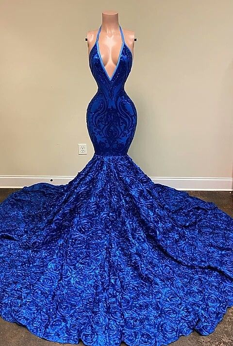 Royal Blue Halter Sleeveless Sequins Mermaid Prom Dress With Flowers Bottom-BallBride