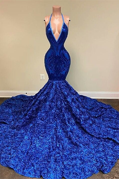 Royal Blue Halter Sleeveless Sequins Mermaid Prom Dress With Flowers Bottom-BallBride