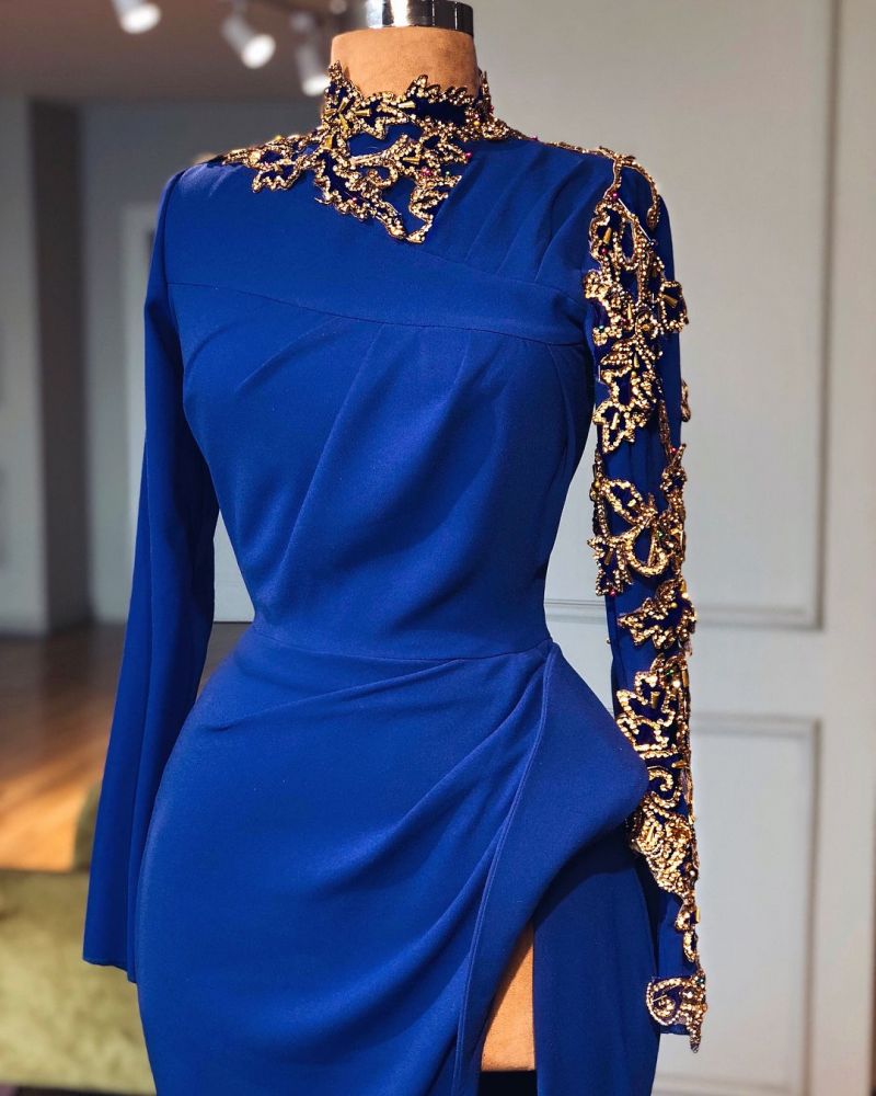 Royal Blue High Neck Long Sleeve Appliques Spandex Prom Dress-BallBride