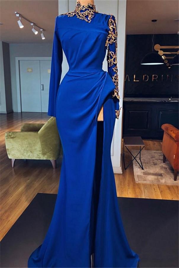 Royal Blue High Neck Long Sleeve Appliques Spandex Prom Dress-BallBride