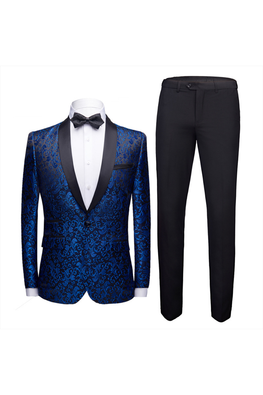 Royal Blue Jacquard Shawl Lapel Black Satin Wedding Tuxedo-BallBride