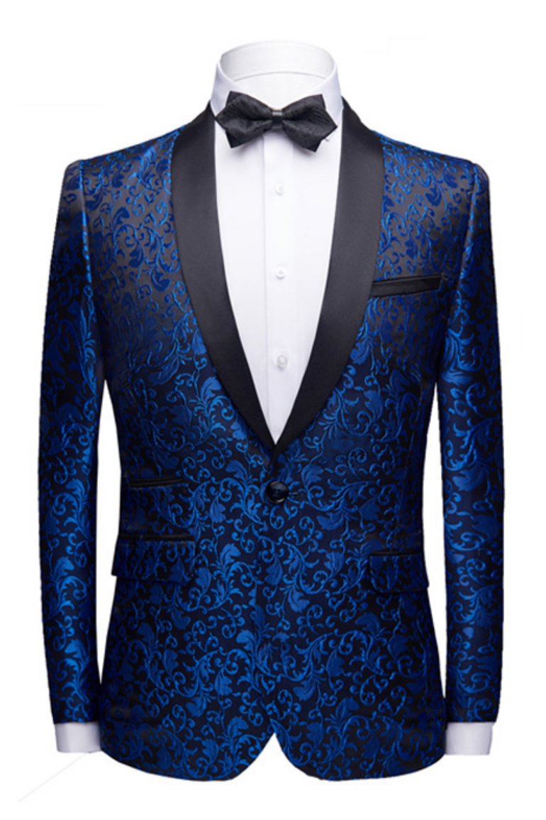Royal Blue Jacquard Shawl Lapel Black Satin Wedding Tuxedo-BallBride