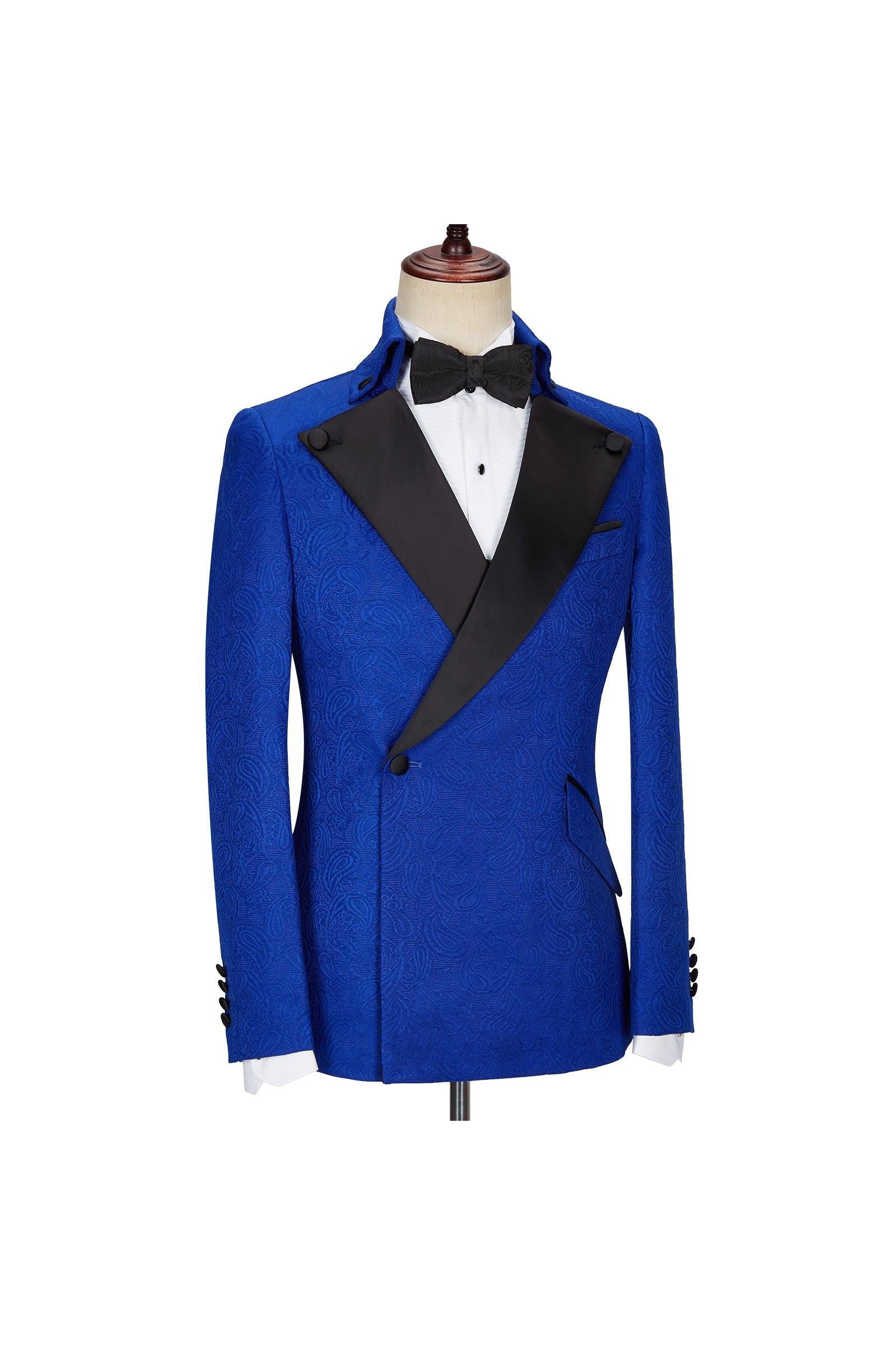 Royal Blue Jacquard Wedding Suits with Black Lapel - Dean Fashion New Arrival-BallBride