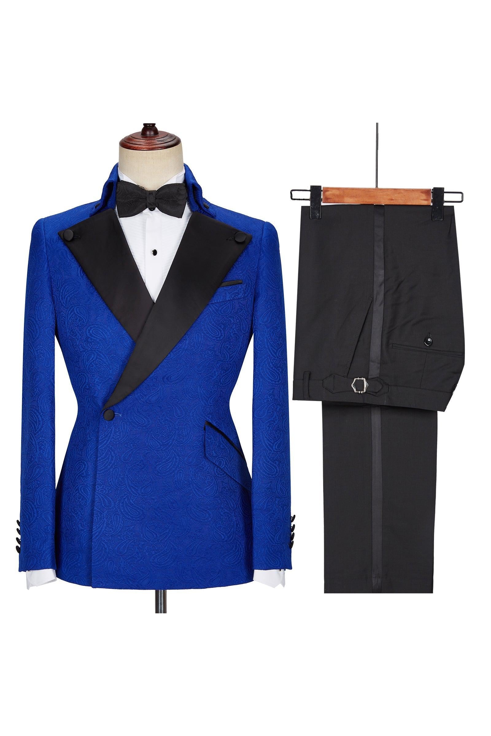 Royal Blue Jacquard Wedding Suits with Black Lapel - Dean Fashion New Arrival-BallBride