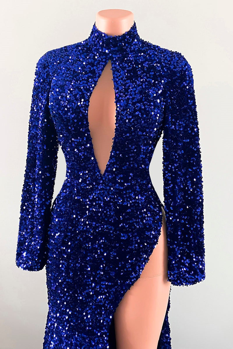 Royal Blue Keyhole Mermaid Prom Dress with Sequins and Long Sleeves Slit-BallBride