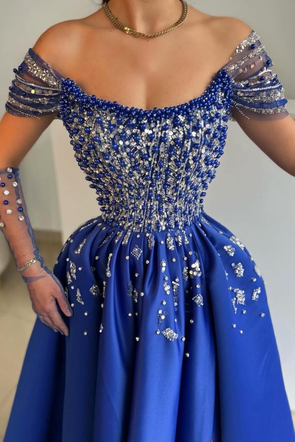 Royal Blue Long A-line Off-The-Shoulder Satin Beads Formal Prom Dresses with Split Front-BallBride