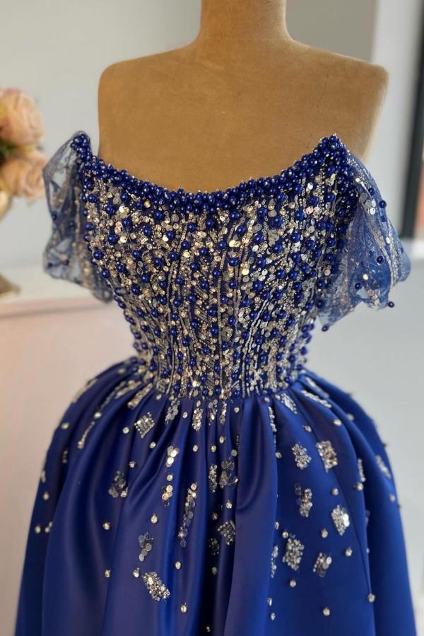 Royal Blue Long A-line Off-The-Shoulder Satin Beads Formal Prom Dresses with Split Front-BallBride