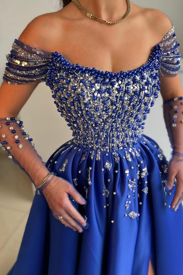 Royal Blue Long A-line Off-The-Shoulder Satin Beads Formal Prom Dresses with Split Front-BallBride