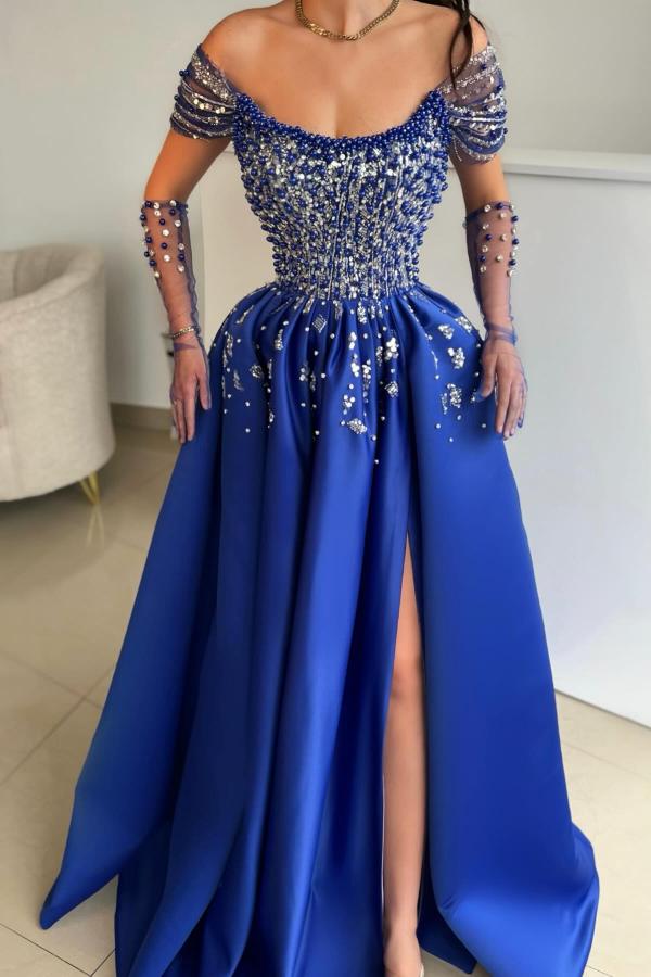 Royal Blue Long A-line Off-The-Shoulder Satin Beads Formal Prom Dresses with Split Front-BallBride