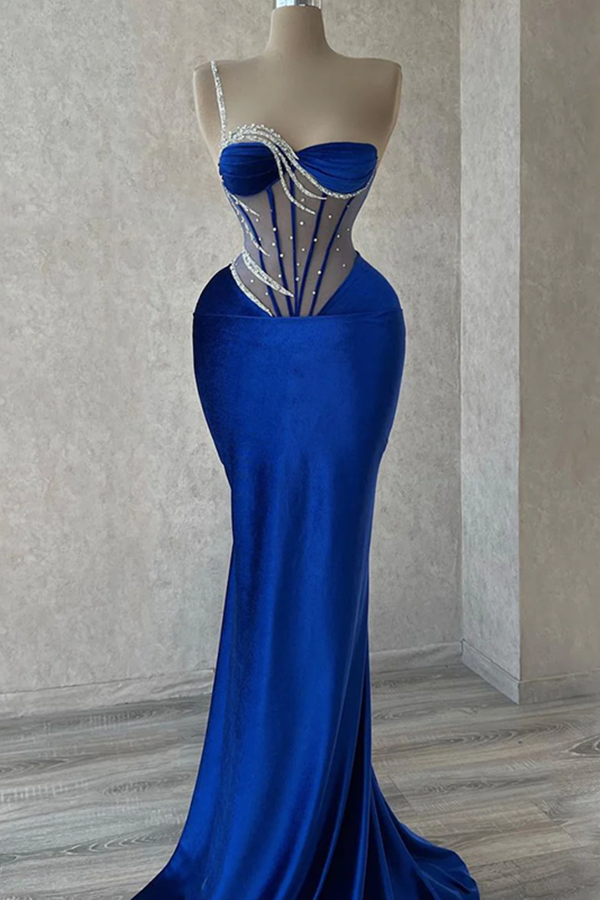 Royal Blue Long Mermaid One Shoulder Satin Silver Beaded Prom Dresses-BallBride
