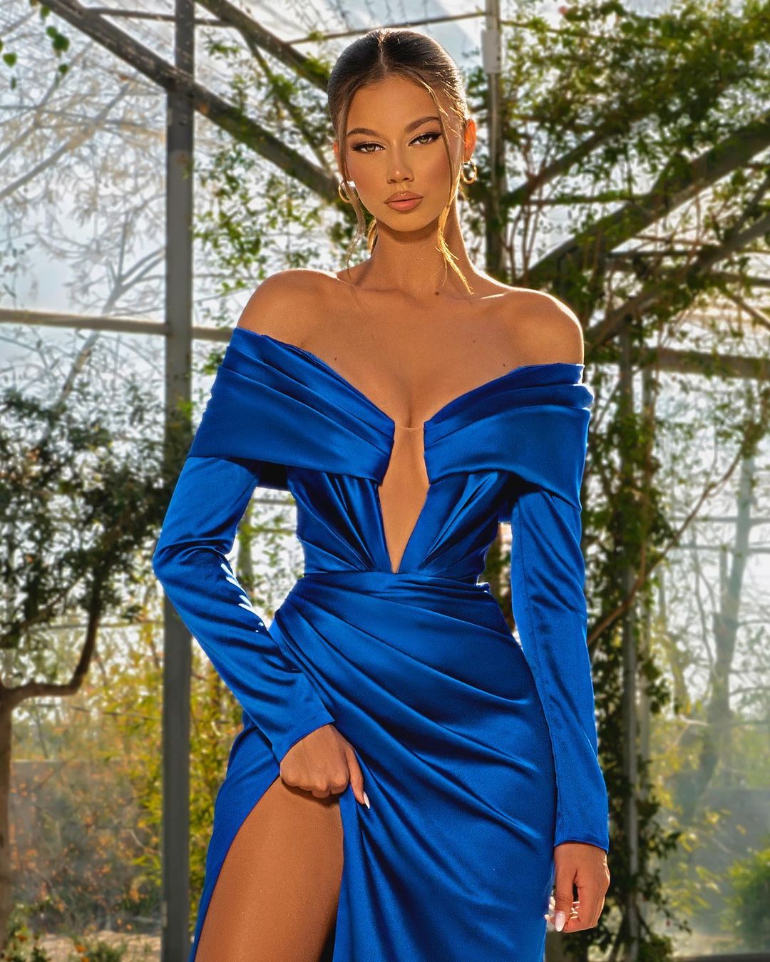 Royal Blue Long Sleeve Strapless Split Prom Dress-BallBride