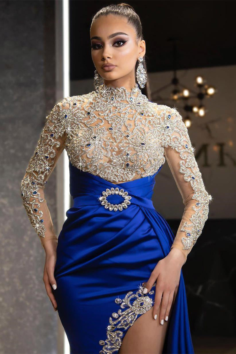 Royal Blue Long Sleeves Mermaid Prom Dress with Split Beadings and Ruffles-BallBride