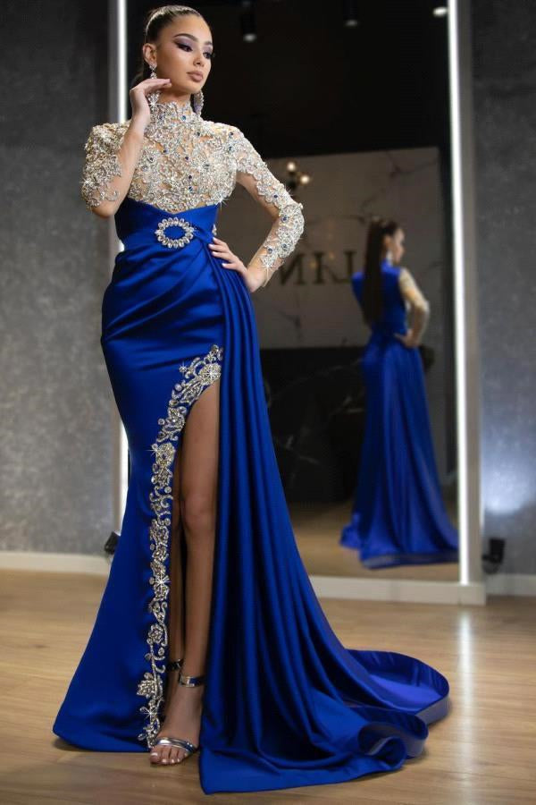 Royal Blue Long Sleeves Mermaid Prom Dress with Split Beadings and Ruffles-BallBride