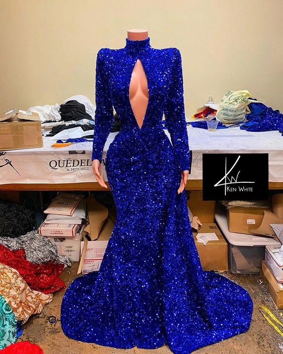 Royal Blue Long Sleeves Mermaid Sequins Prom Dress-BallBride