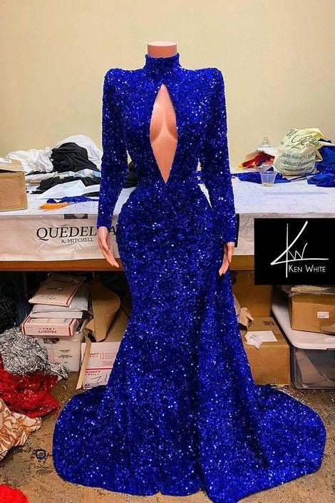 Royal Blue Long Sleeves Mermaid Sequins Prom Dress-BallBride