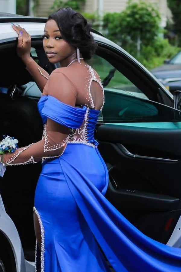 Royal Blue Long Sleeves Star Beadings Mermaid Side Slit Prom Dress-BallBride