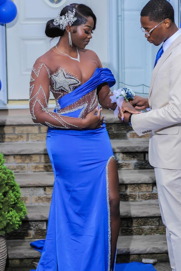 Royal Blue Long Sleeves Star Beadings Mermaid Side Slit Prom Dress-BallBride