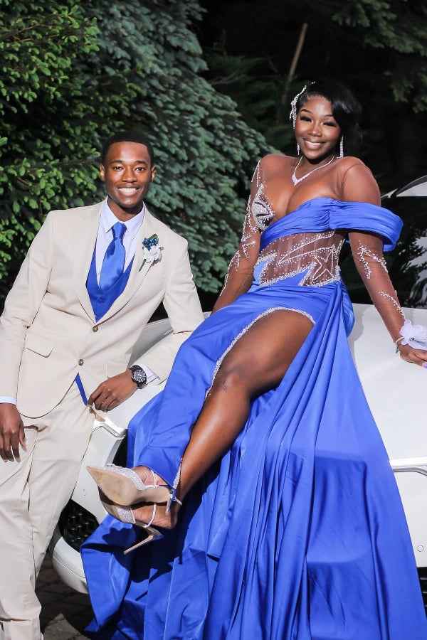 Royal Blue Long Sleeves Star Beadings Mermaid Side Slit Prom Dress-BallBride