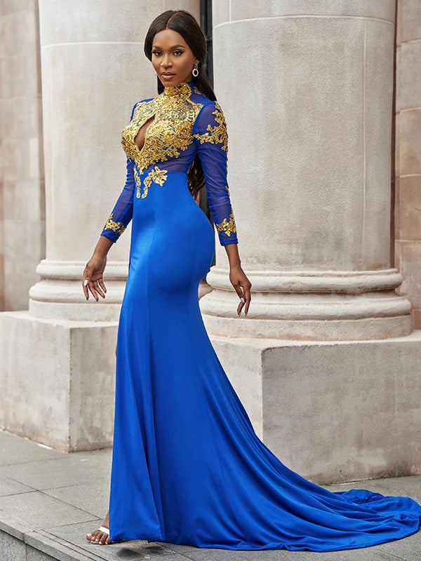 Royal Blue Mermaid Long Sleeves Prom Dress-BallBride