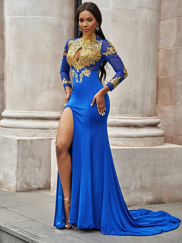 Royal Blue Mermaid Long Sleeves Prom Dress-BallBride