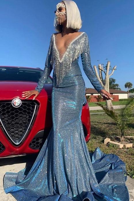 Royal Blue Mermaid Prom Dress with Tassels and Long Sleeves-BallBride