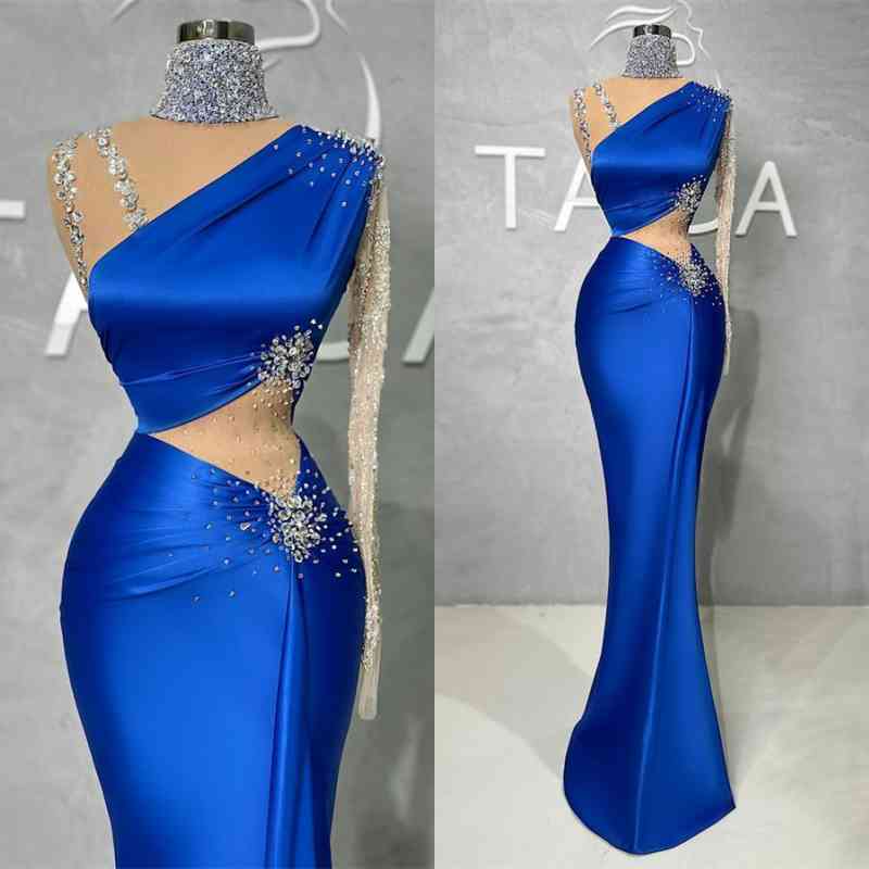 Royal Blue One Shoulder Mermaid Evening Dress with Sequins-BallBride