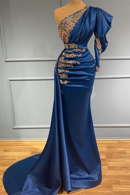 Royal Blue One-Shoulder Ruffles Appliques Sheath Prom Dress-BallBride