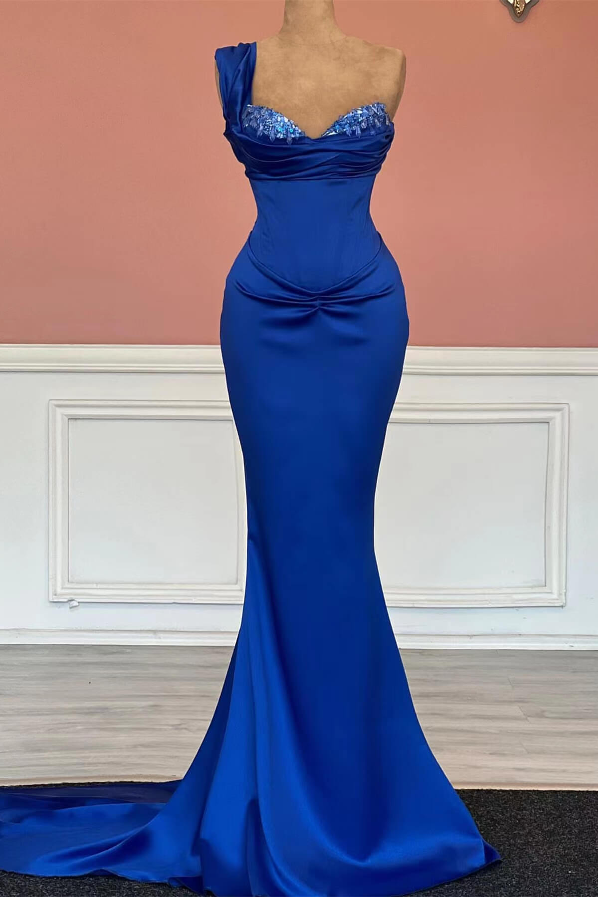 Royal Blue One-Shoulder Sweetheart Mermaid Prom Dress with Sequins-BallBride