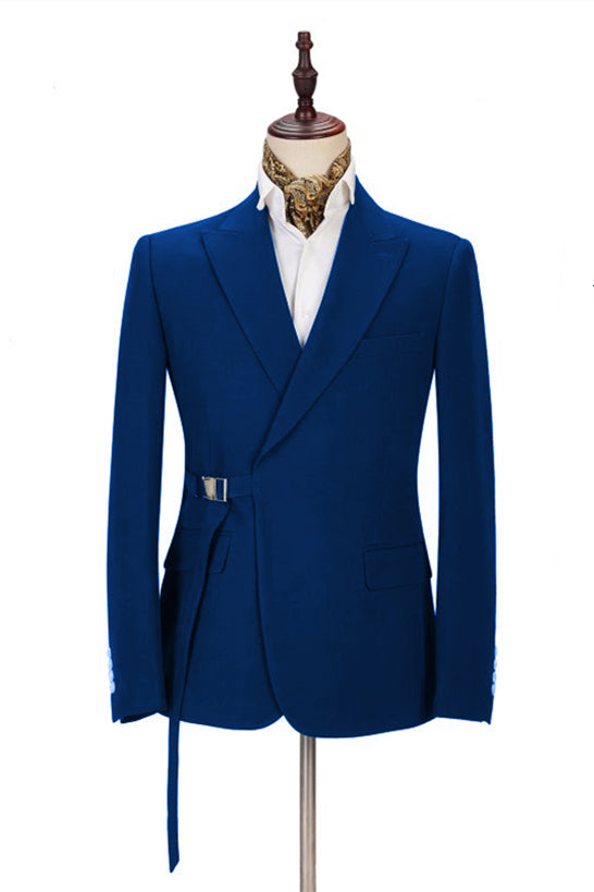 Royal Blue Peak Lapel Tuxedo Suit for Wedding with Buckle Button-BallBride