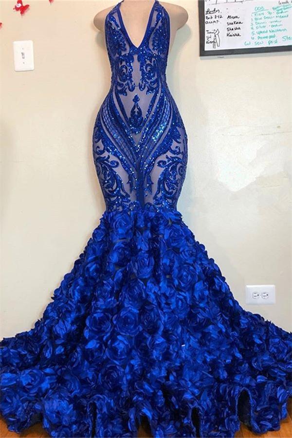 Royal Blue Sequins Mermaid Prom Dress with Flowers-BallBride