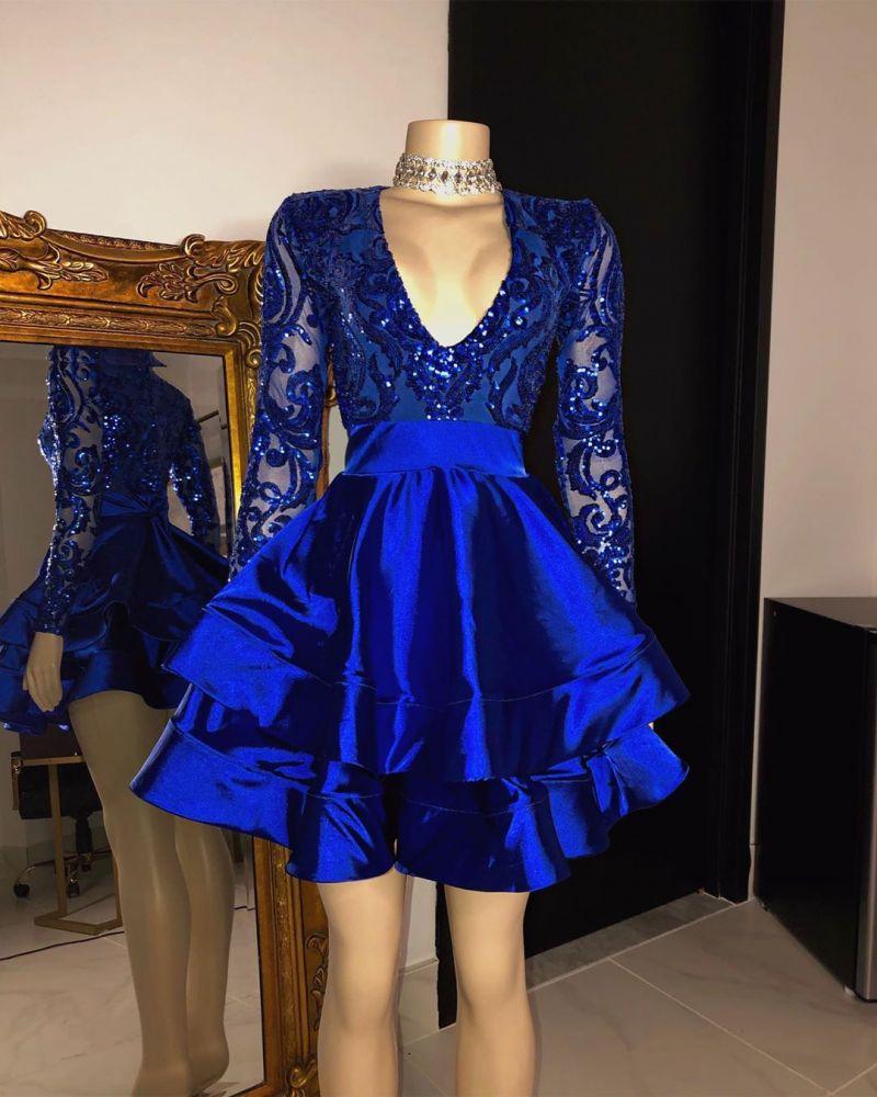 Royal Blue Sequins Prom Dress - Long Sleeves Party Gown-BallBride