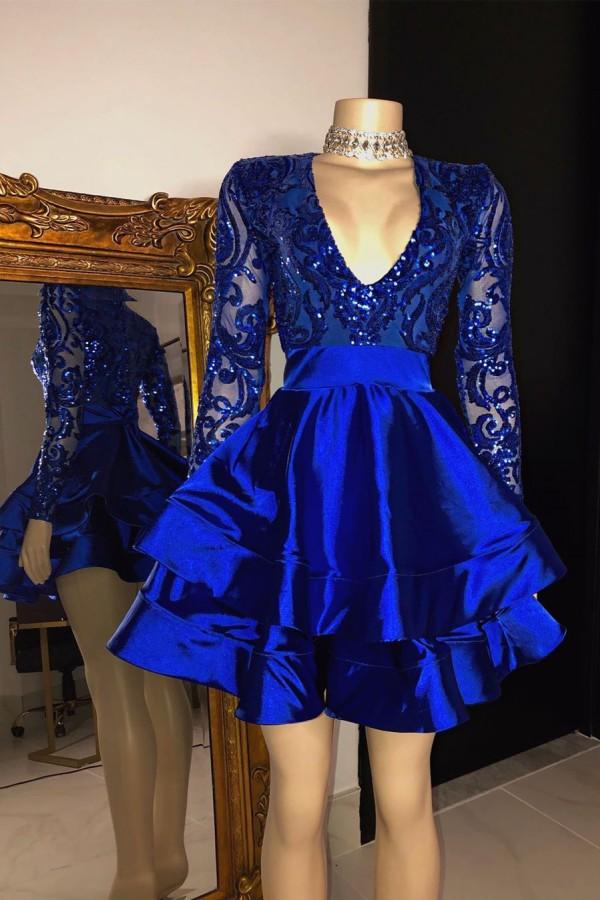 Royal Blue Sequins Prom Dress - Long Sleeves Party Gown-BallBride
