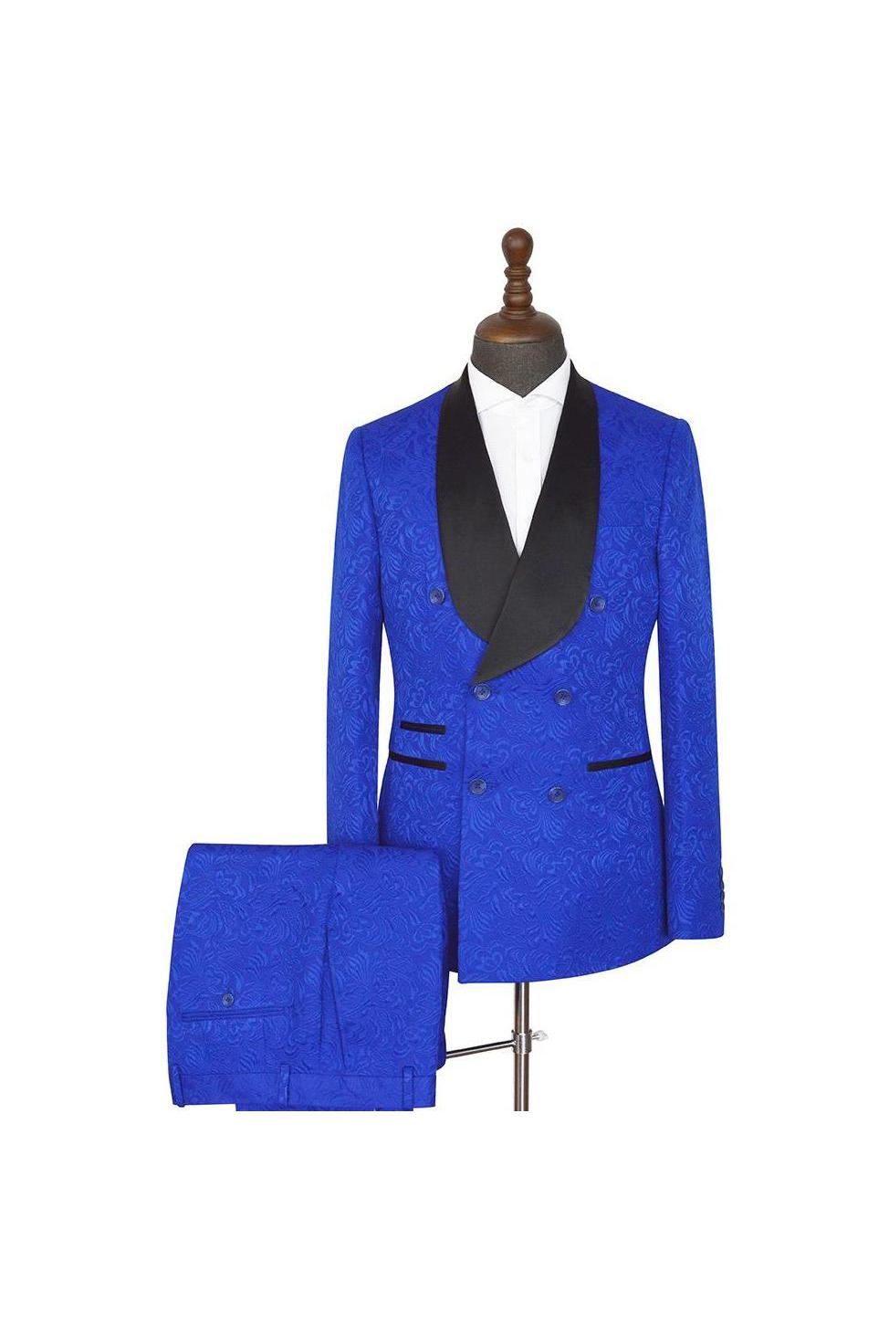 Royal Blue Shawl Lapel Easy Fit Double Breasted Jacquard Wedding Suits-BallBride