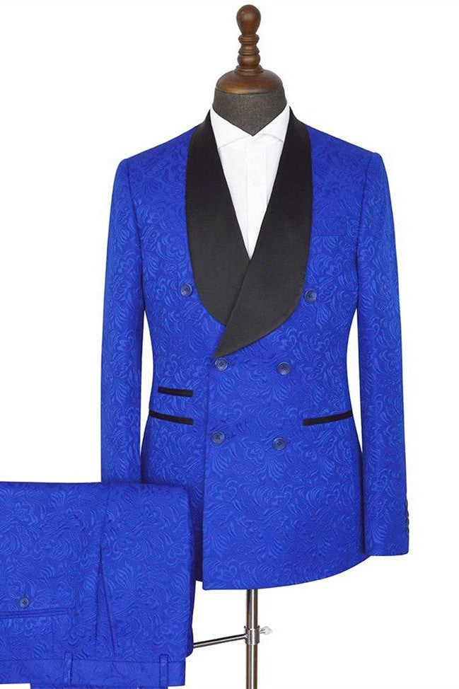 Royal Blue Shawl Lapel Easy Fit Double Breasted Jacquard Wedding Suits-BallBride