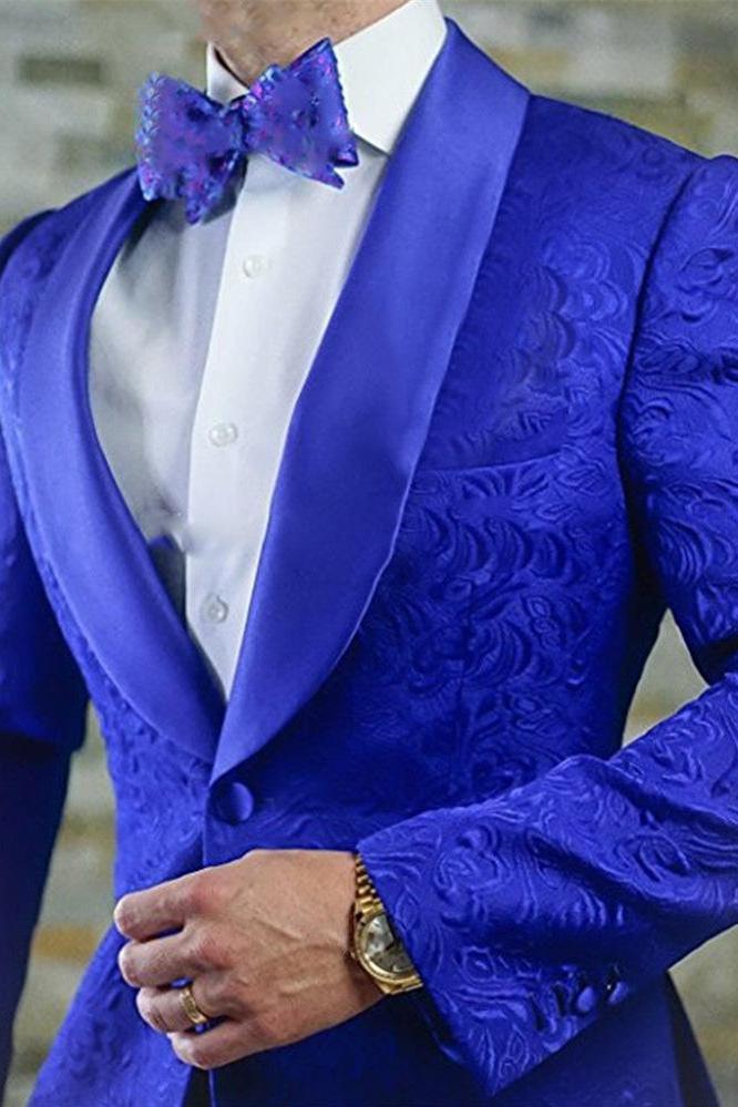 Royal Blue Shawl Lapel Jacquard Groomsmen Tailcoats Blazer 2 Pieces-BallBride